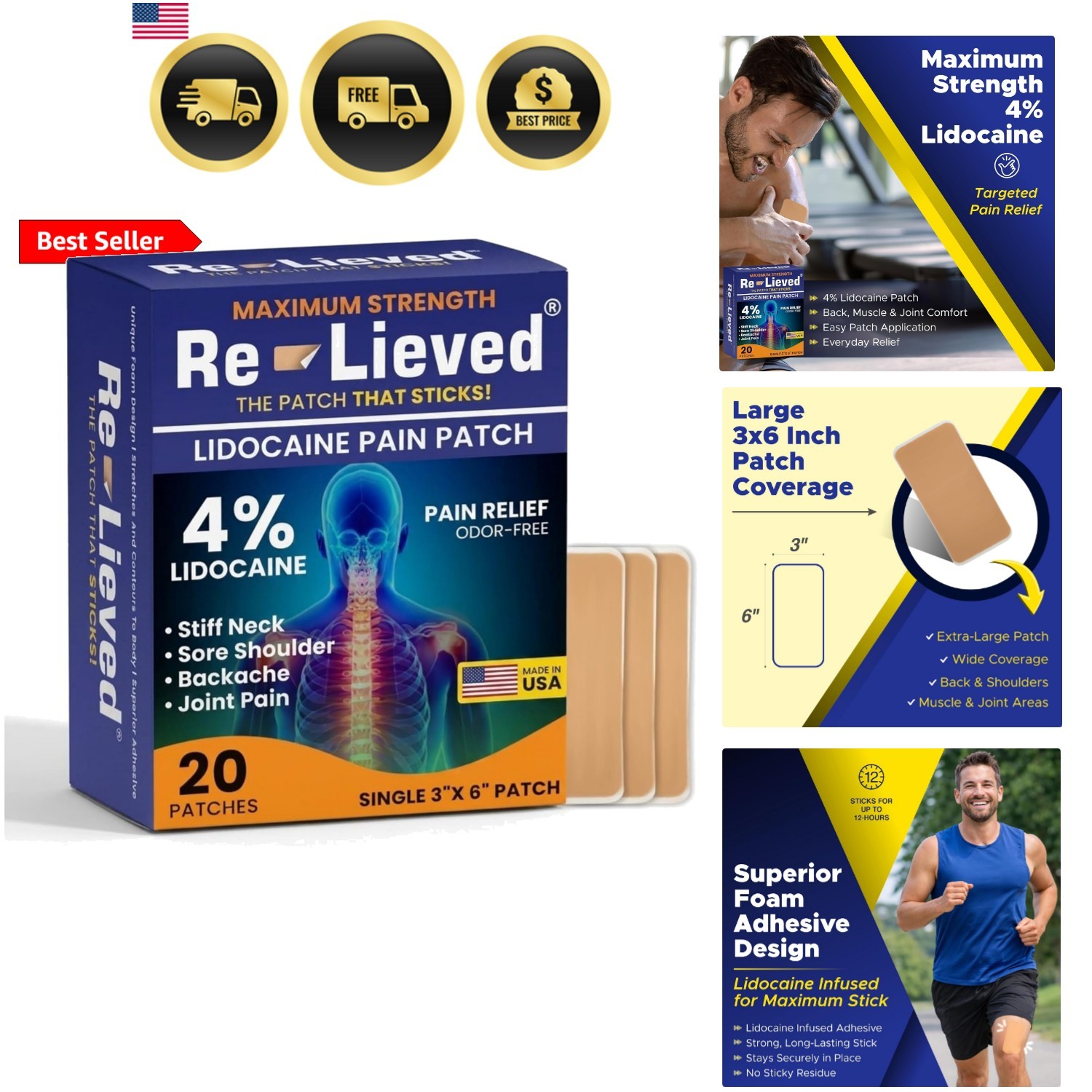 4% Lidocaine Pain Relief Patches Maximum Strength, 20 Count, Up To 12 Hours P…