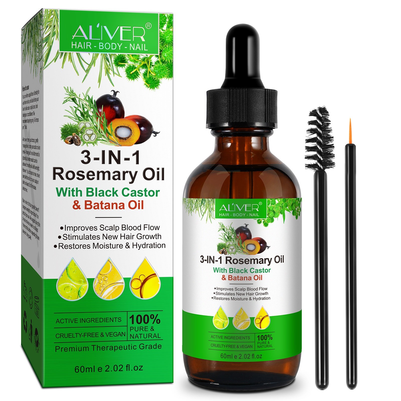 3-in-1 Rosemary Oil + Black Castor & Batana Oil 60ML Hair Growth Improve Scalp