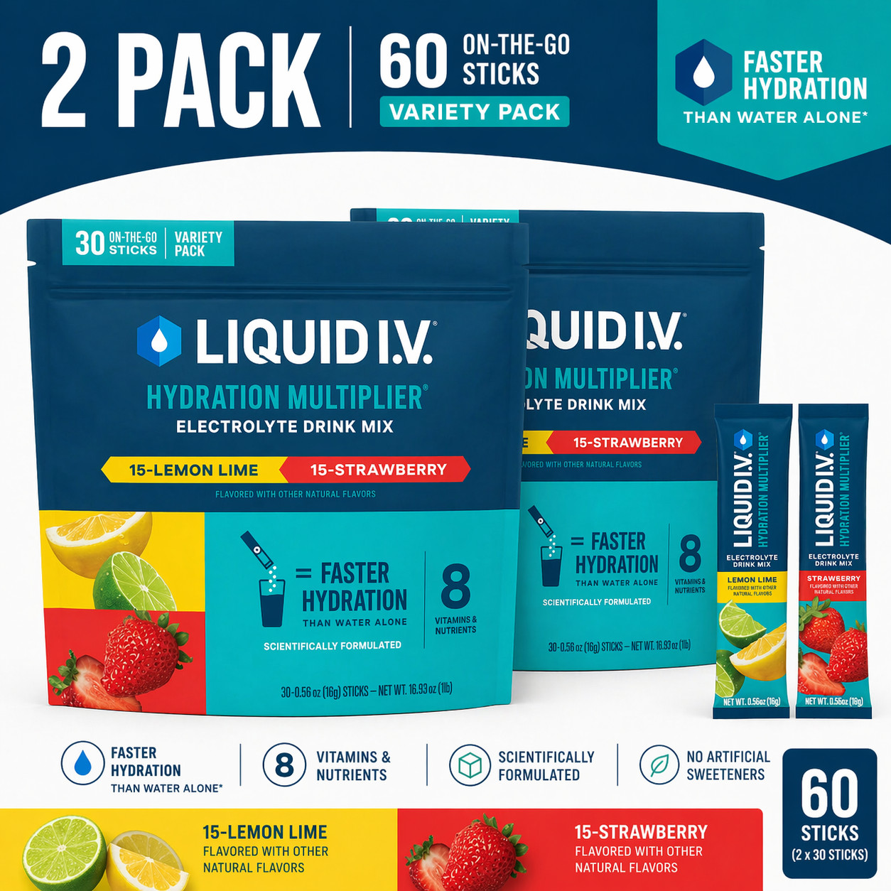 Liquid I.V. Hydration Multiplier, Strawberry Lemon Lime 30 Individual Packs