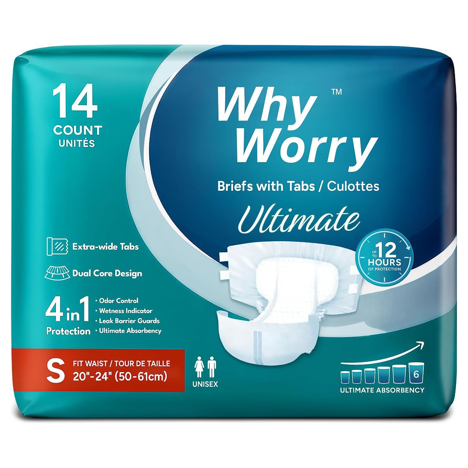 WHYWORRY Adult Unisex Briefs with Tabs, Ultimate Absorbency, Small, 14 Count