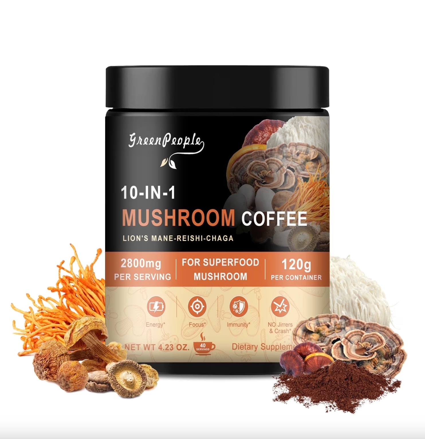 Mushroom Coffee Powder 2800 mg (40 Servings), 10-in-1 Mushroom Blend Supplement