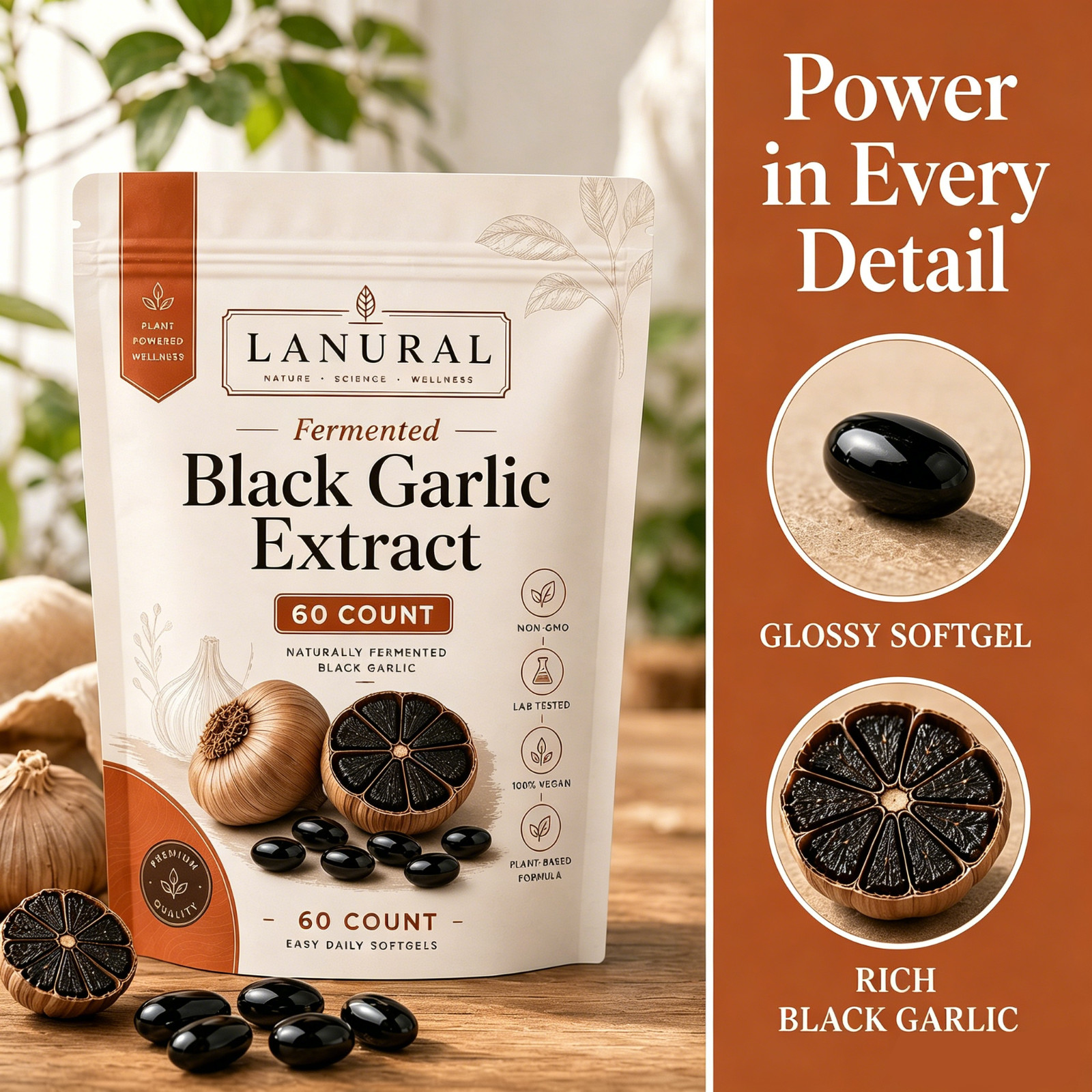 Lanural Fermented Odorless Garlic, Black Capsules, 60 Count