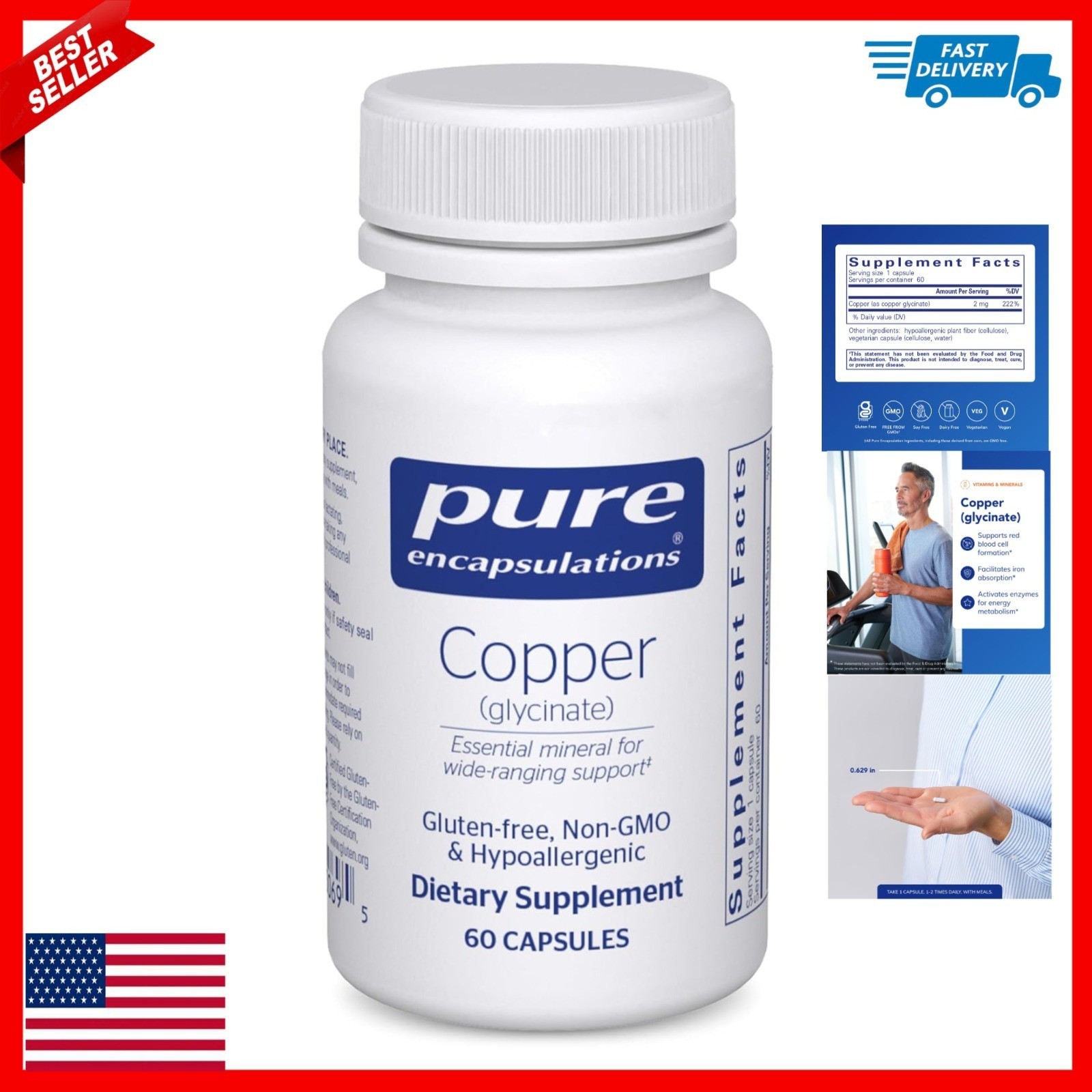 Copper Glycinate 60 Capsules – 2 mg Copper Supplement for Energy & Metabolism