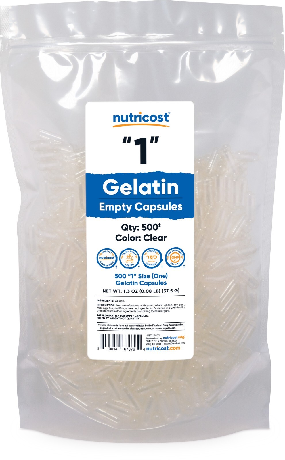 Nutricost Empty Capsules Gelatin Size 1-500 Clear Kosher Empty ‘1’ Gel Capsules