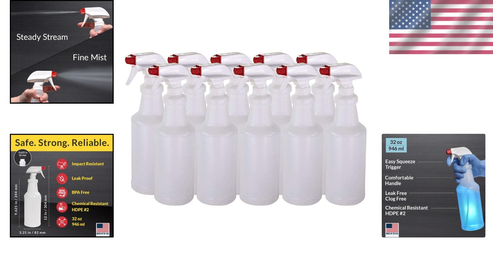 Durable 32 oz BPA-Free Adjustable Spray Bottles – Pack of 10, Leak Proof Design