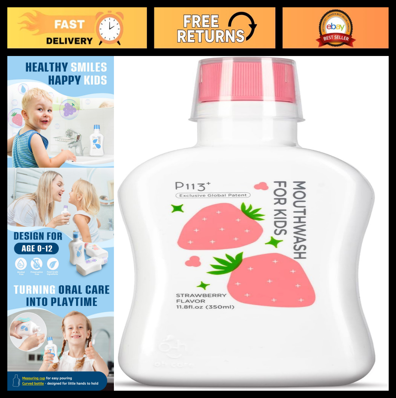 Kids Alcohol-Free Mouthwash, Fluoride-Free Oral Rinse, Strawberry Flavor, 11.8 o