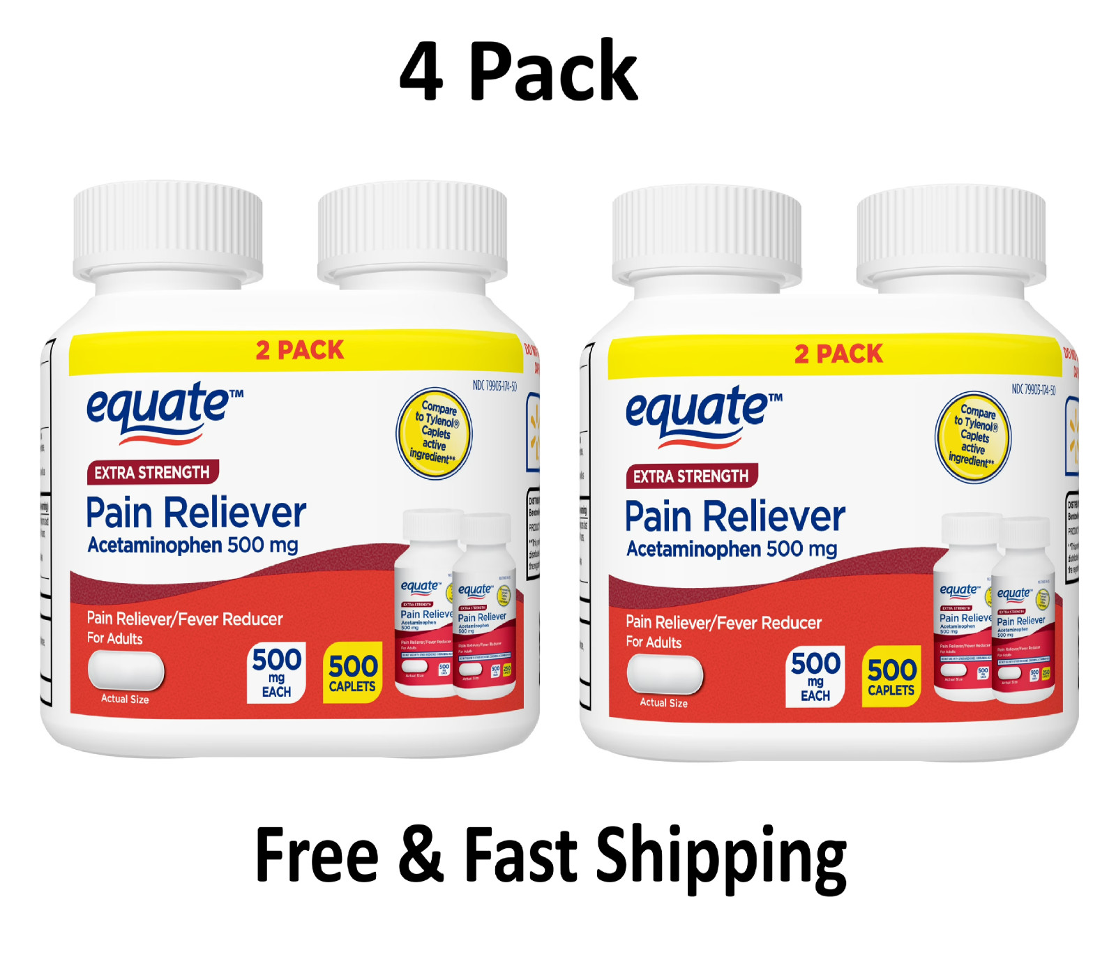 Equate Extra Strength Acetaminophen Caplets, 500 mg, 2×250 Count ( Total 4 Pack)