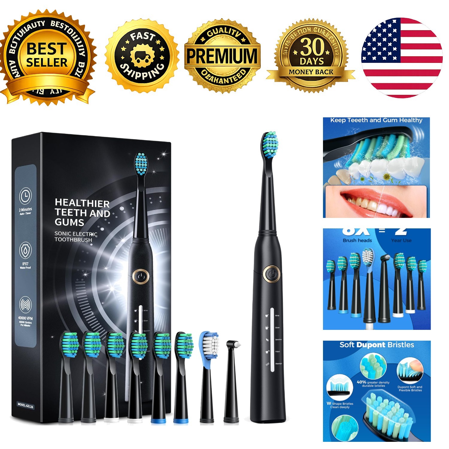 Sonic Electric Toothbrush for Adults 8 Brush Heads 5 Modes Rechargeable