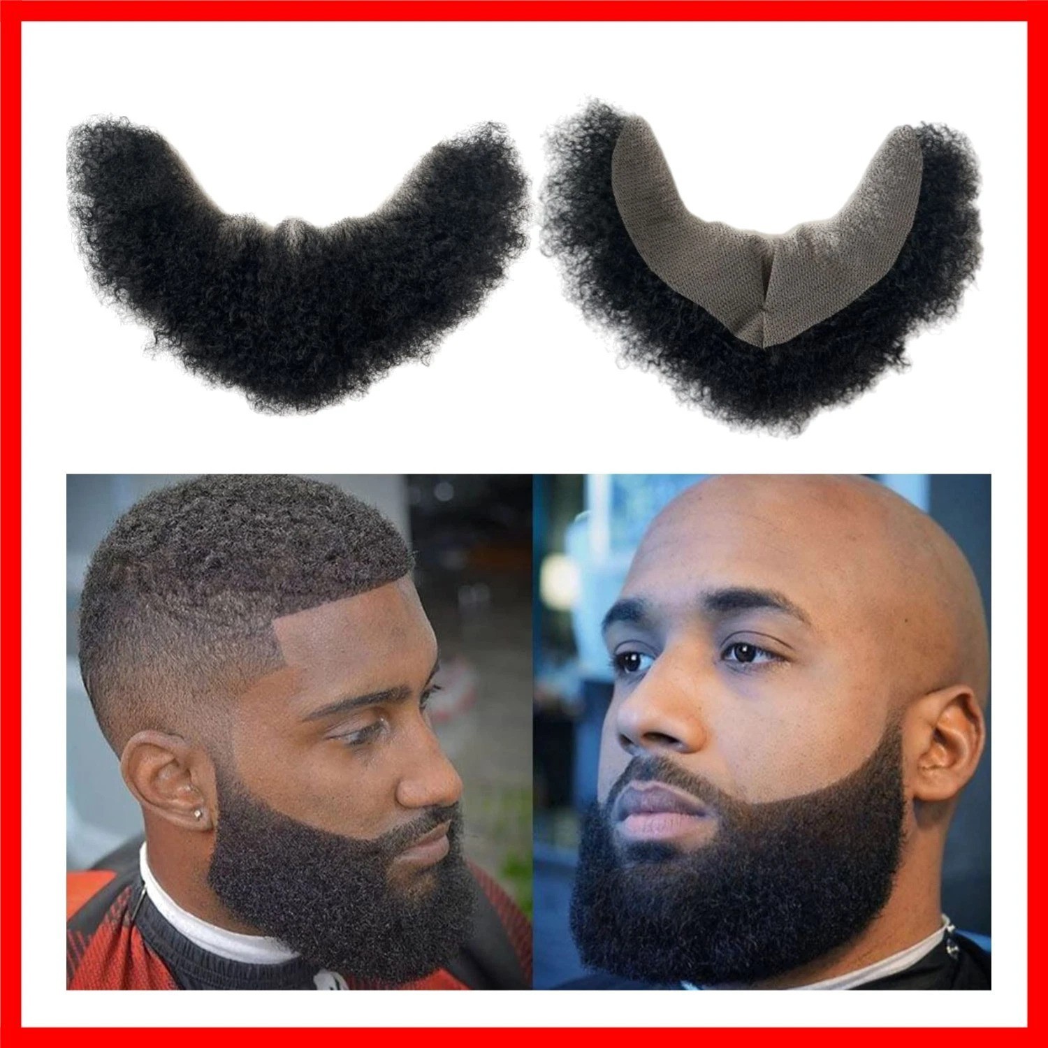 Realistic Human Hair Afro Curl Beard & Mustache System for Black Men – 12×3 Inch