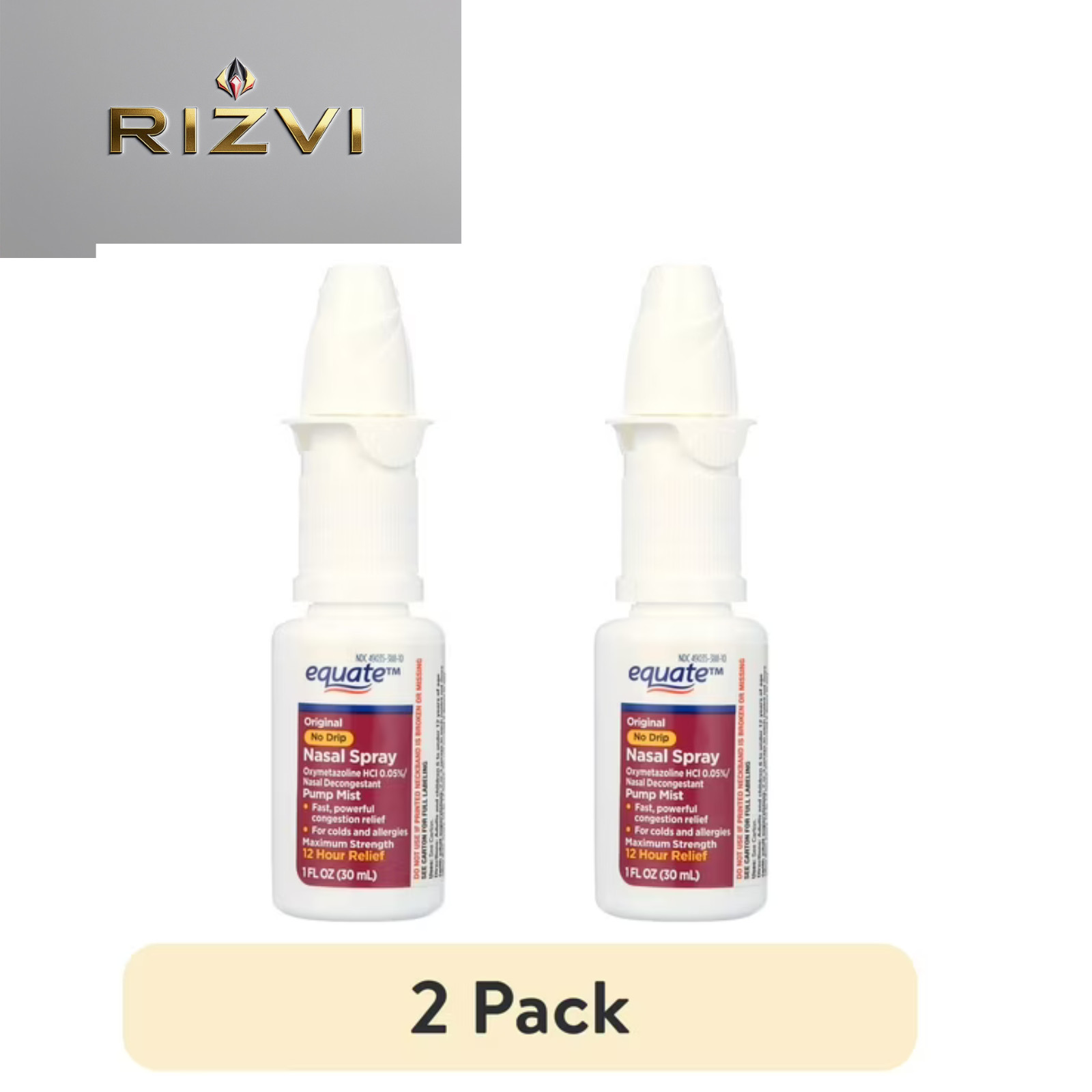 Equate No Drip Nasal Spray 2 Pack, 12 Hr Decongestant, 1 fl oz, Max Strength