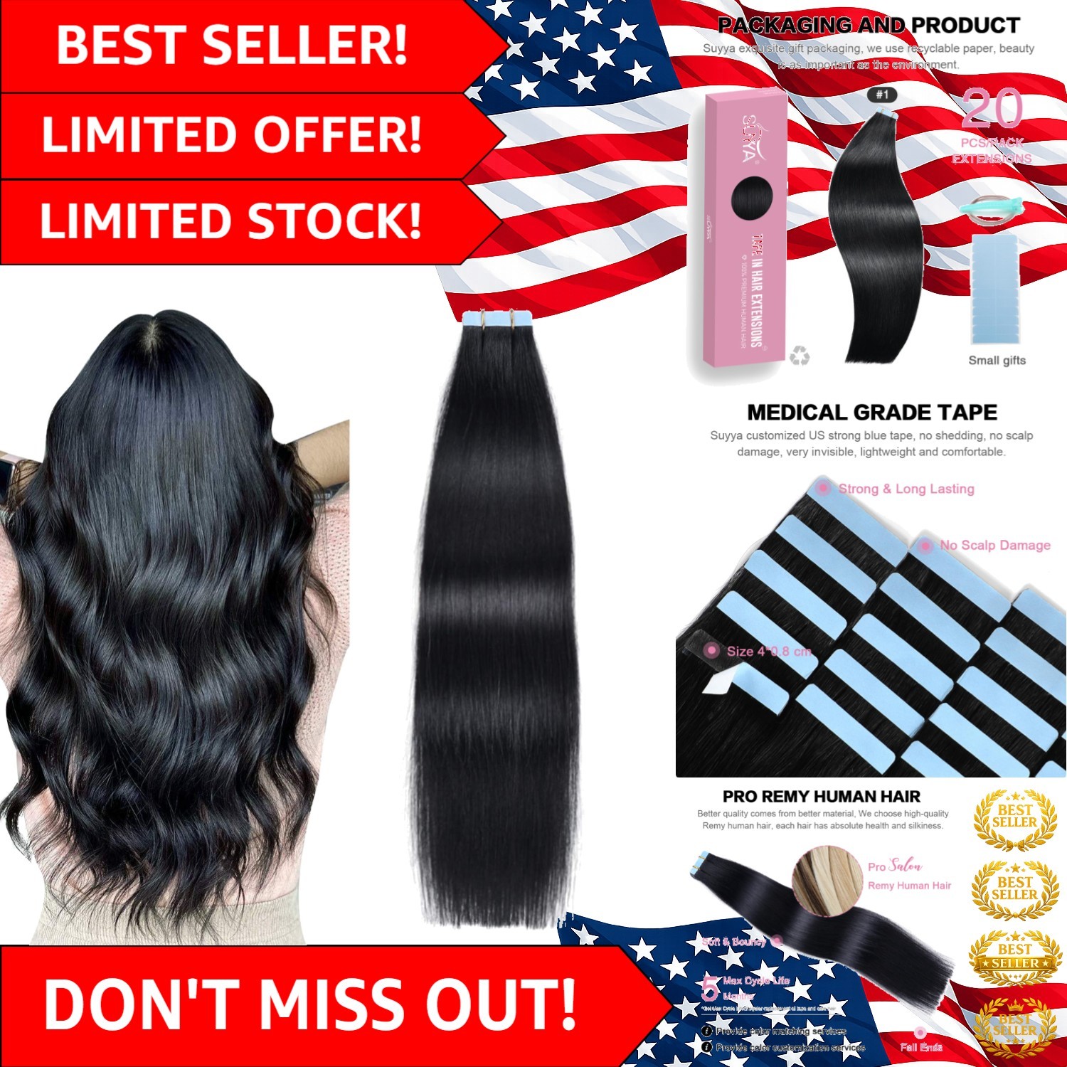 100% Remy Hair Tape Extensions – 20pcs Jet Black, 12 Inch, Tangle-Free