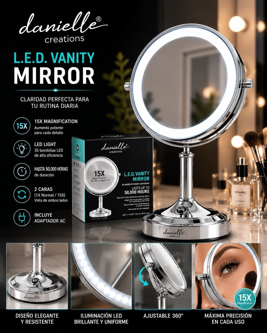 Danielle Creations LED Lighted 15X Adjustable Tabletop Mirror Silver