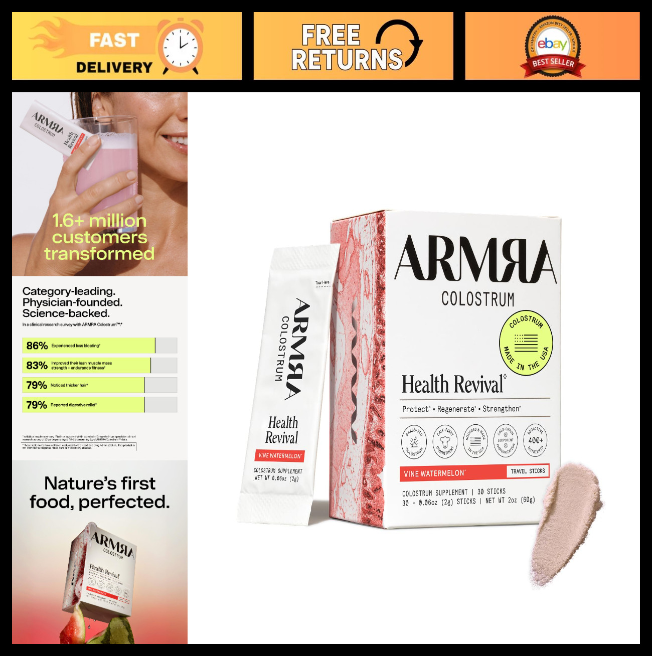 Colostrum Powder – Vine Watermelon Flavor | Gut Health, Skin & Hair Support | 30