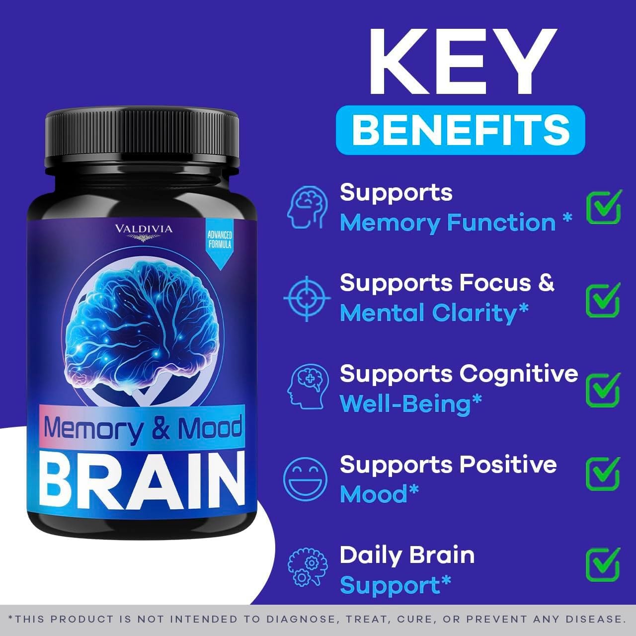 Memory Mood Brain Support Supplement Capsules Nootropic Daily 1 Pack 60Ct