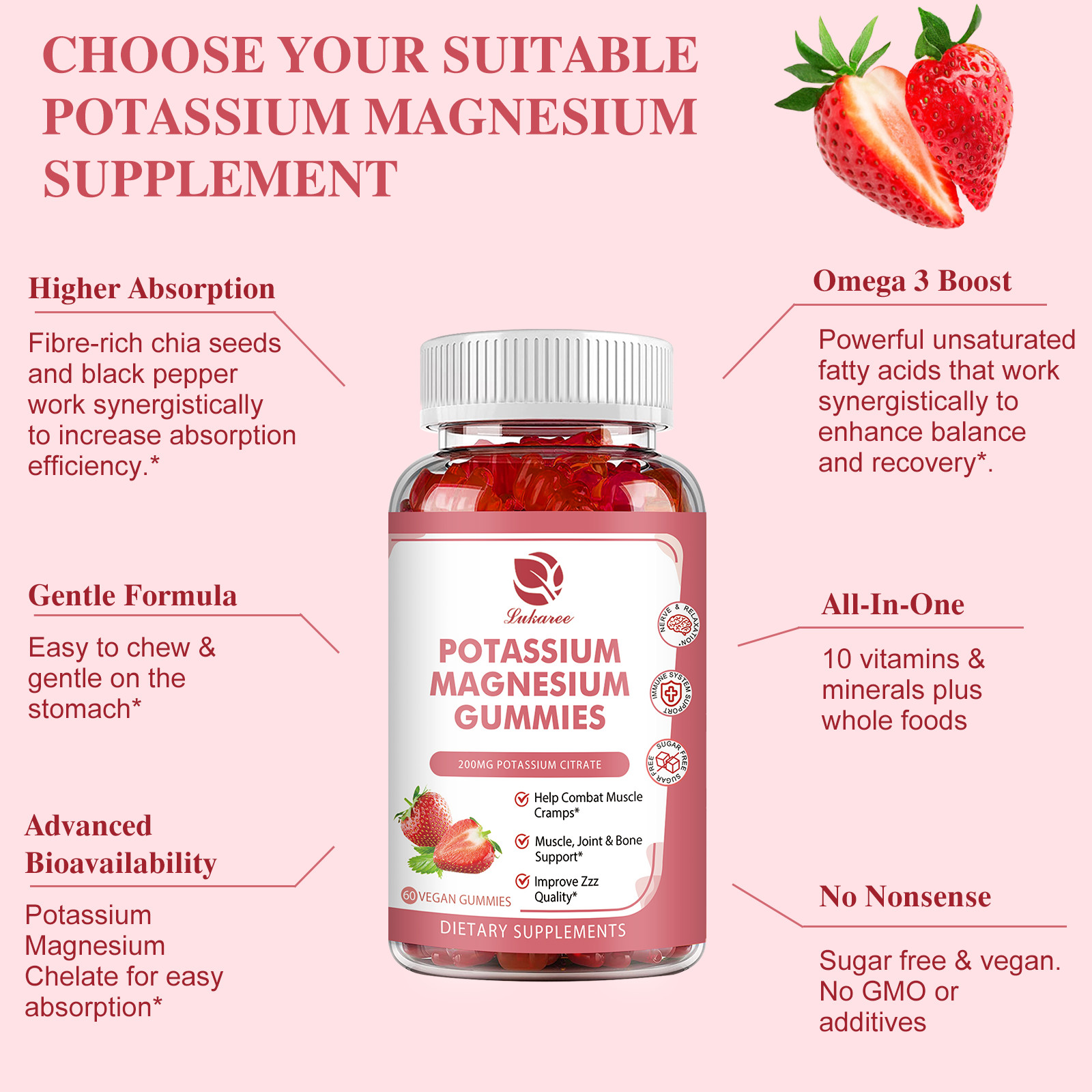 Potassium Magnesium 60Gummies High Absorption Magnesium Glycinate 200Mg&Potass