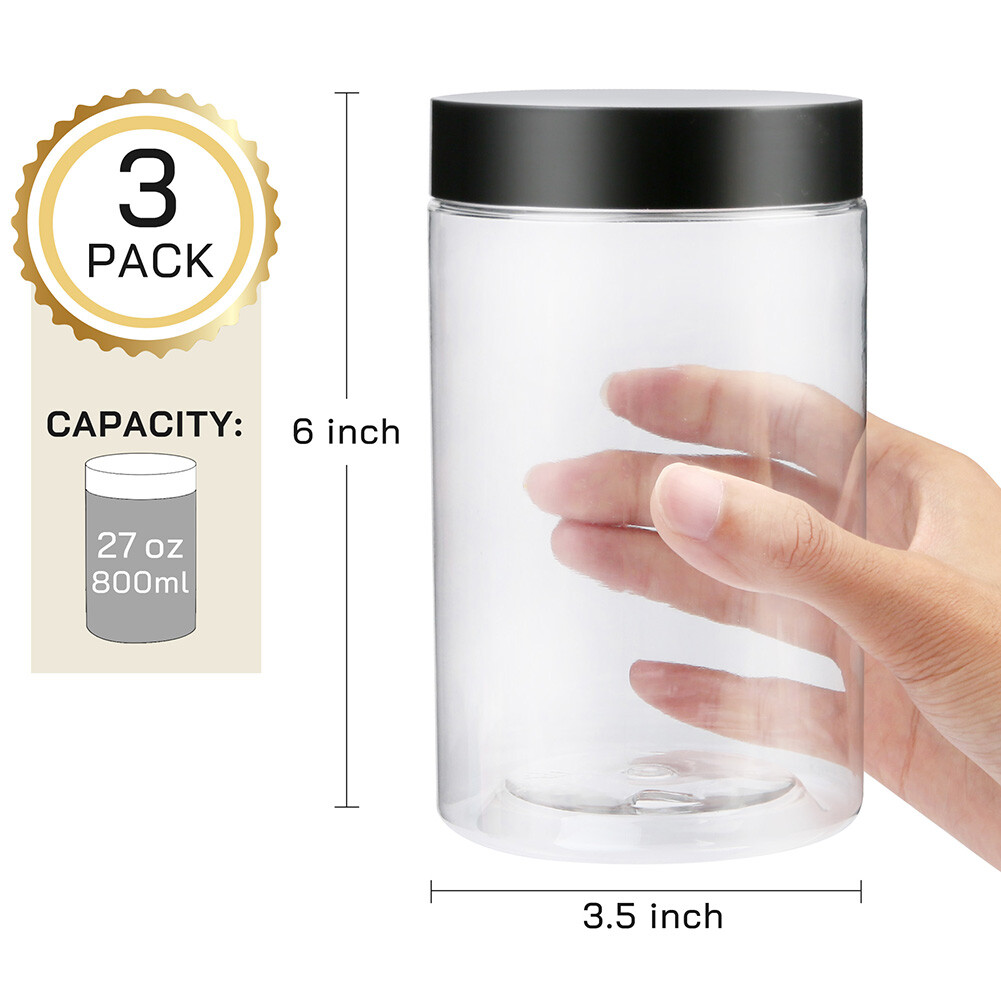 3PC Clear Large 27oz Plastic Jars Sample Container Spice Food Storage Organizing