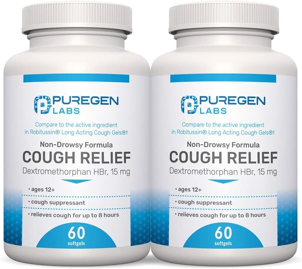 Puregen Cough Relief for Adults Dextromethorphan 15mg 60 Softgels Pack of 2