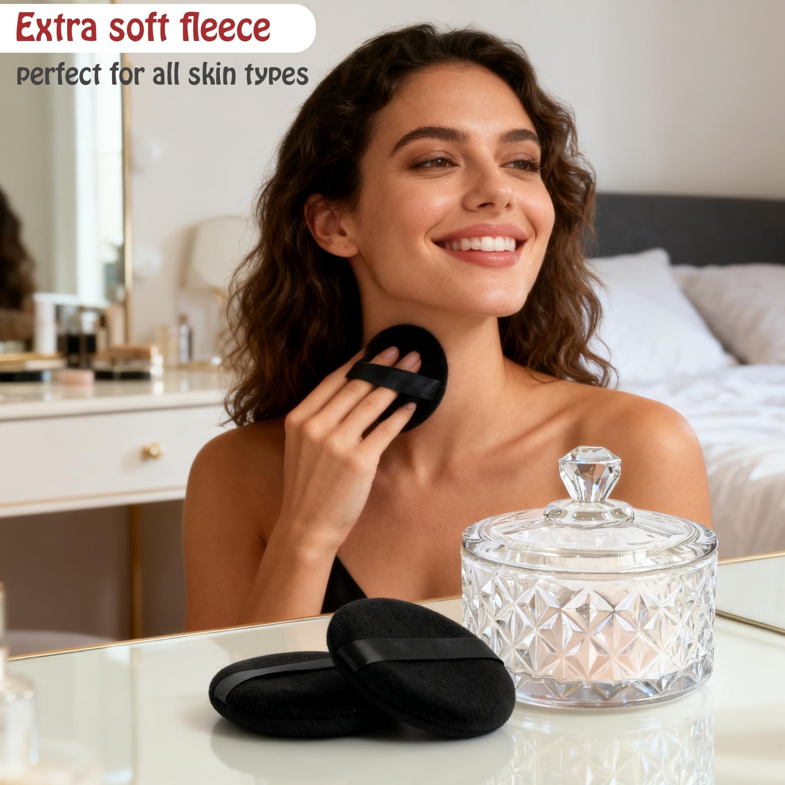 Body Powder Puff Set – 2 Large Ultra-Soft Puffs with Glass Container – Bath