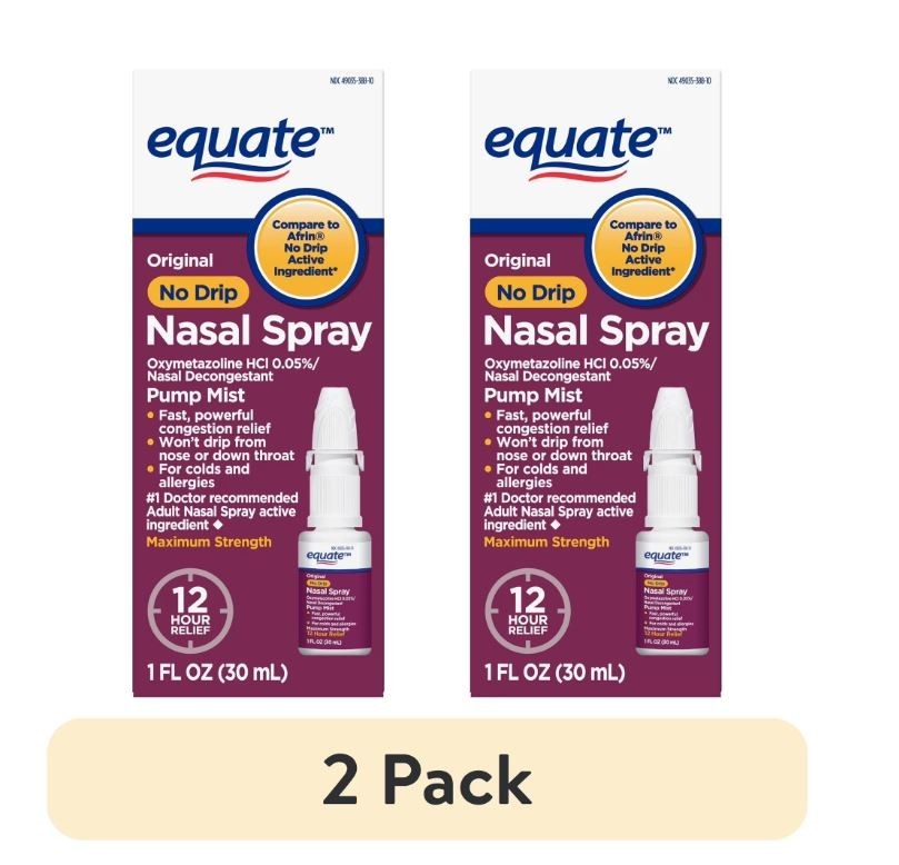 New Equate No Drip Nasal Spray, Pump Mist, 12 Hour, 1 fl oz. (Pack of 2)