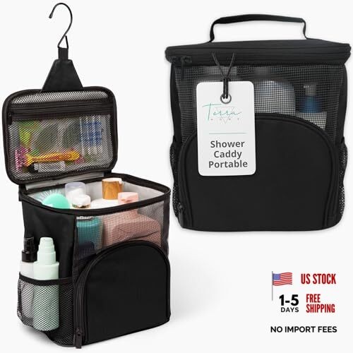 Original Portable Shower Caddy For College Dorms – Foldable Mesh Tote – Black