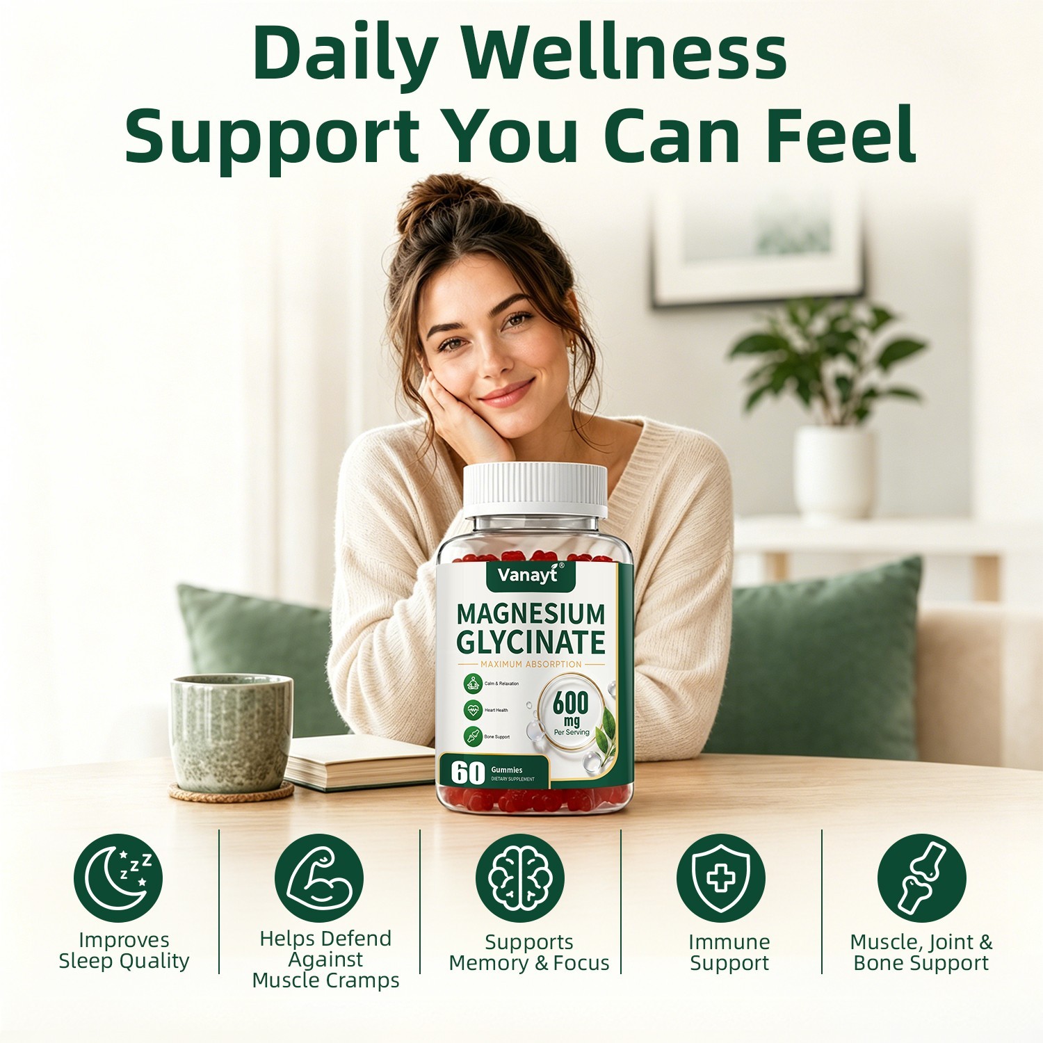 2PCS Magnesium Glycinate With Vitamin D3 Sleep Support, Stress & Anxiety Relief