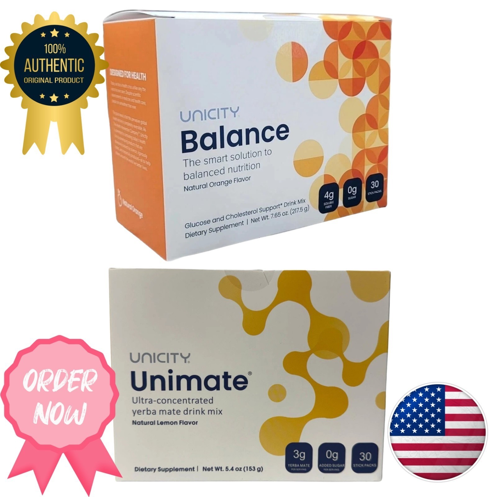Unicity Balance & Unimate Combo Pack 30 Sticks Each Energy & Cholesterol Support