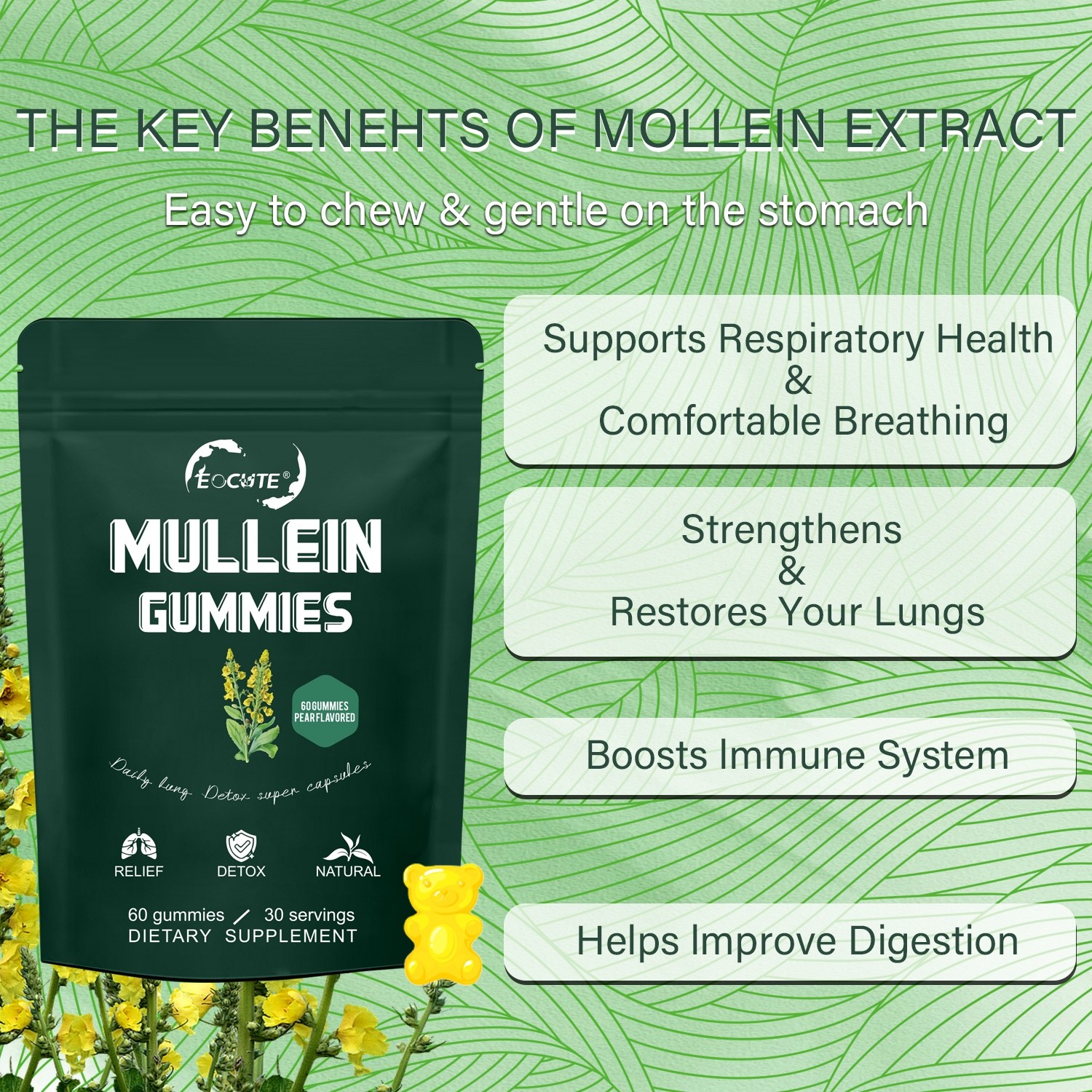 Mullein Leaf Extract Gummies for Lung Cleanse, Extra Strength 10000 MG NEW