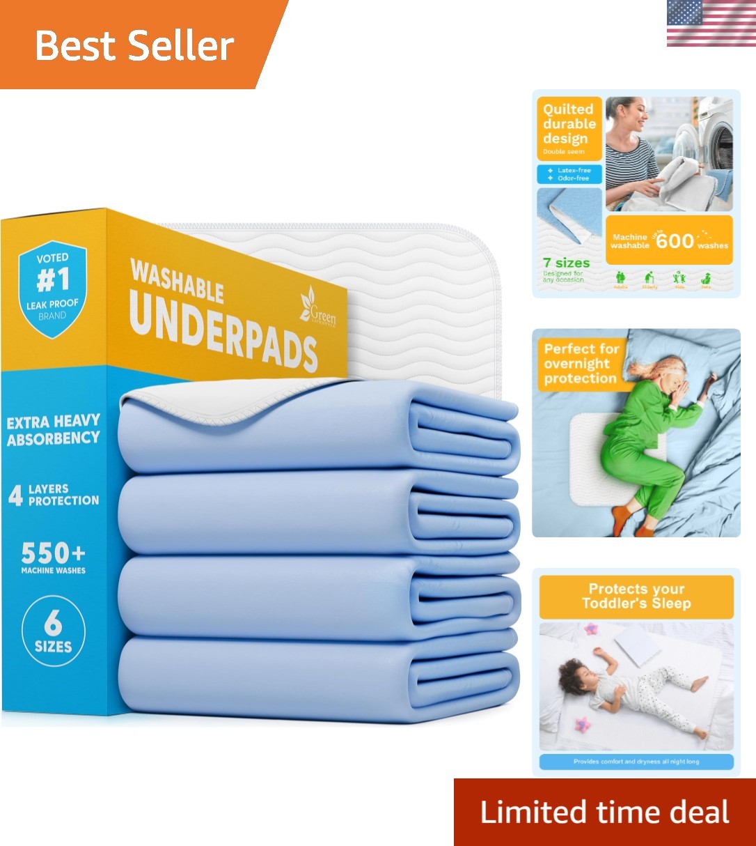 34×36 Washable Bed Pads Pack of 4 – Quilted Waterproof Incontinence Protection