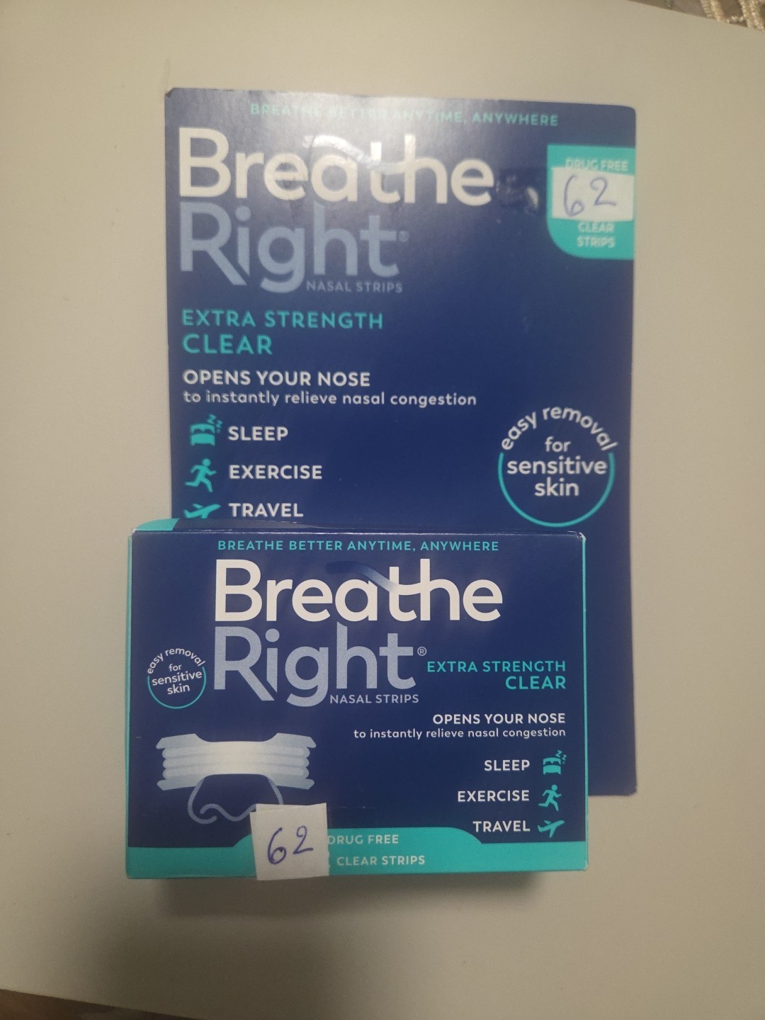 Breathe Right :*62*Nasal Strips EXTRA Strength CLEAR Snoring Exp 04/2030