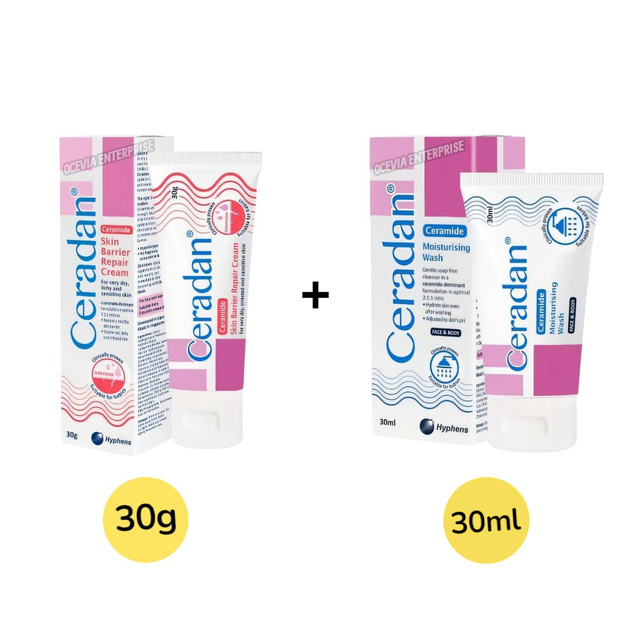 1pcs Ceradan Moisturising Wash 30ml & 1pc Skin Barrier Cream 30g Travel Size Set