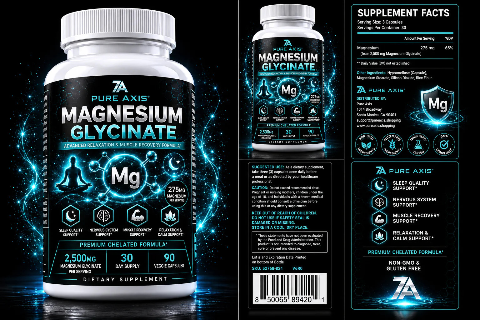 Pure Axis Magnesium Glycinate | Premium Dietary Supplement | 60 Capsules