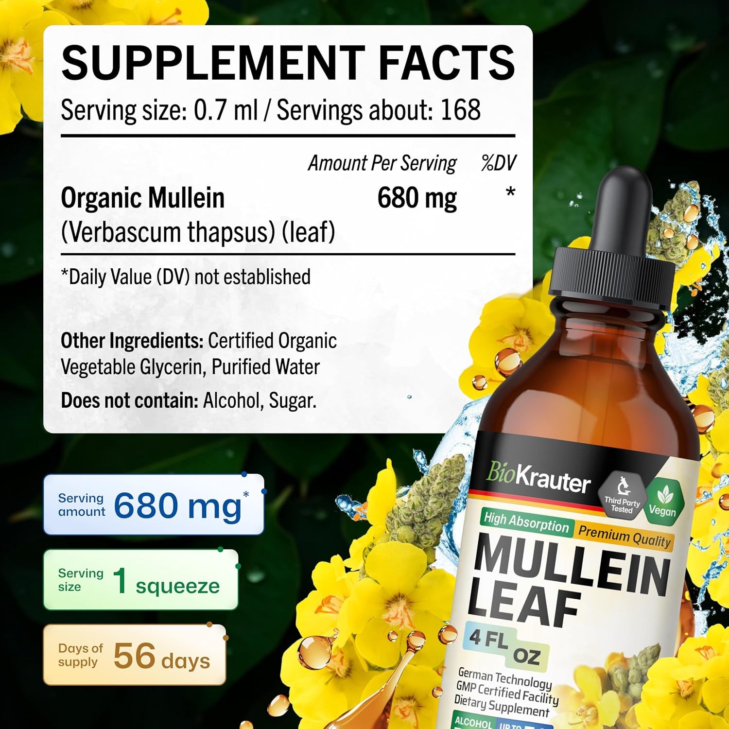 Mullein Drops for Lungs 4 Fl Oz Pure Natural Mullein Leaf Extract Supplement