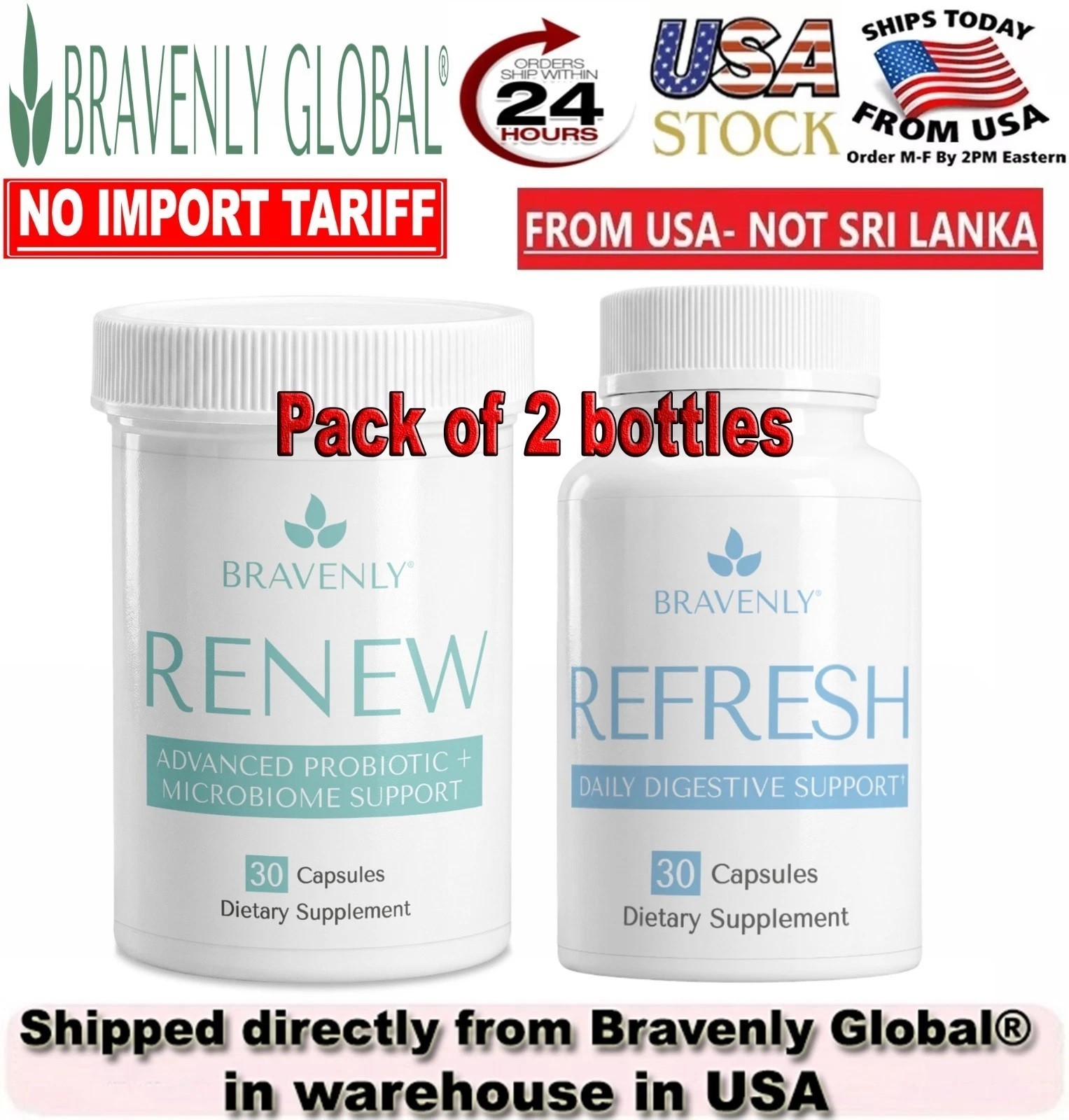 Bravenly Refresh & Renew Combo Digestive Enzymes + Probiotic 30 Capsules – New🌿