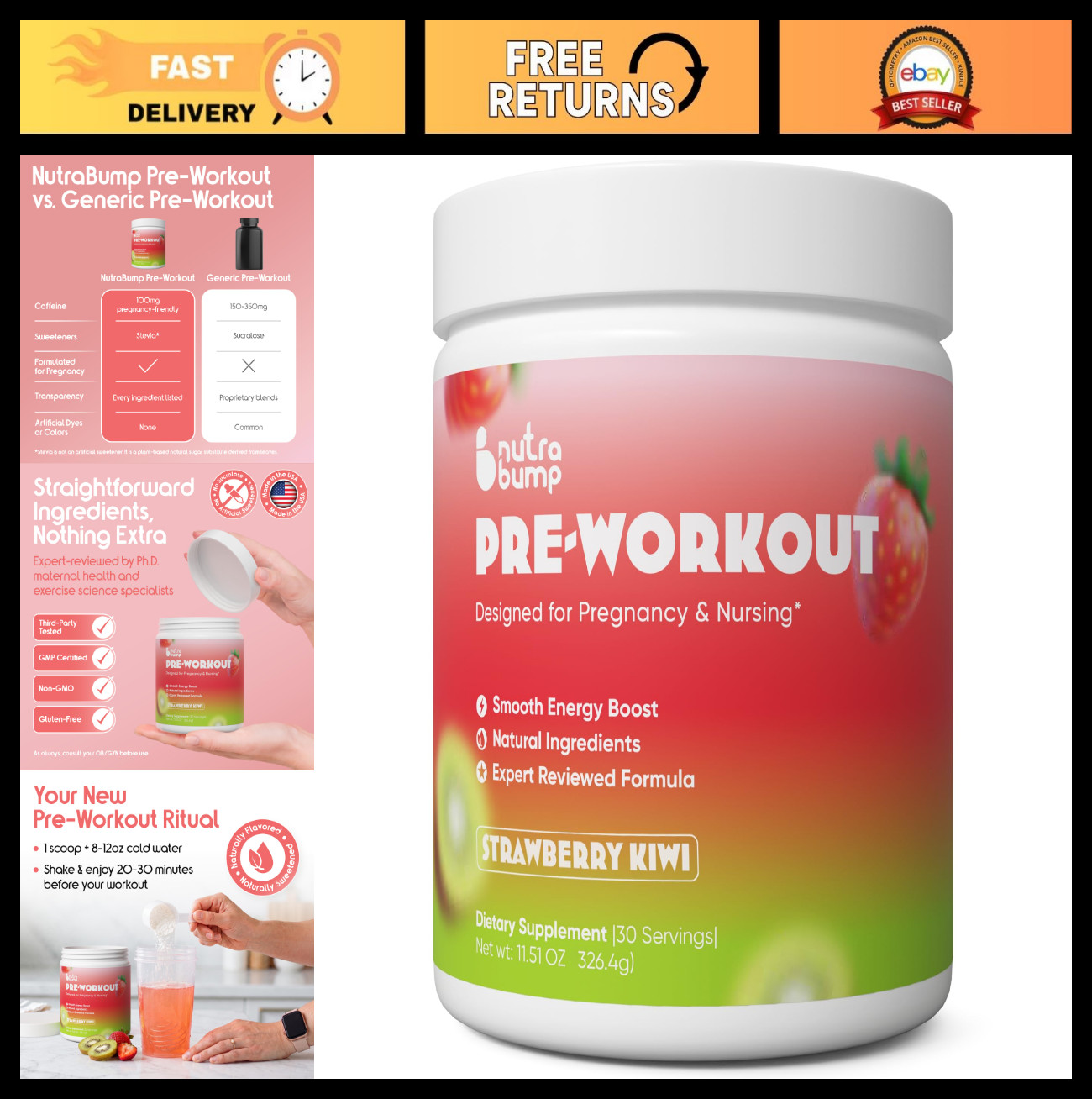 Pregnancy & Nursing Pre-Workout Powder, Strawberry Kiwi, 100mg Caffeine, L-Gluta