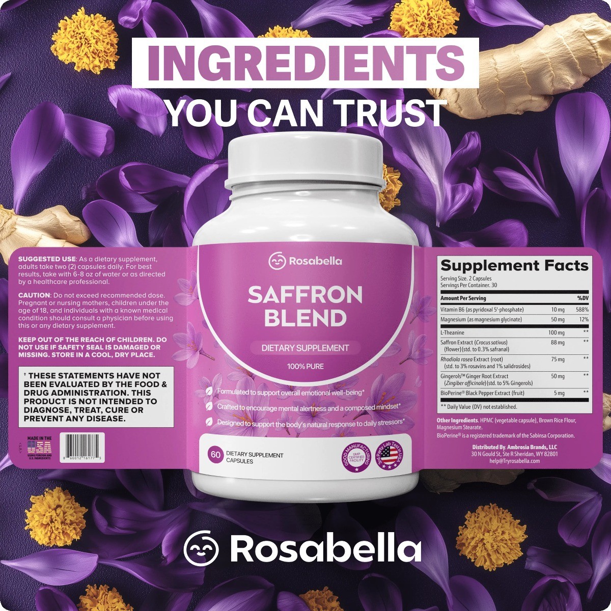 Rosabella Saffron Complex for Focus, Mood & Digestive Health, Vegan