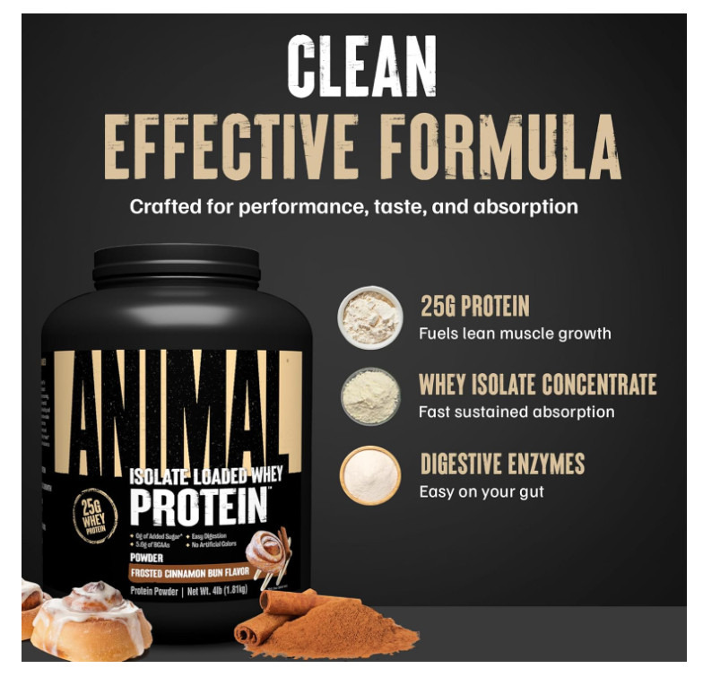 Animal Whey Isolate Frosted Cinnamon Bun 4lb 25g Protein Low Sugar