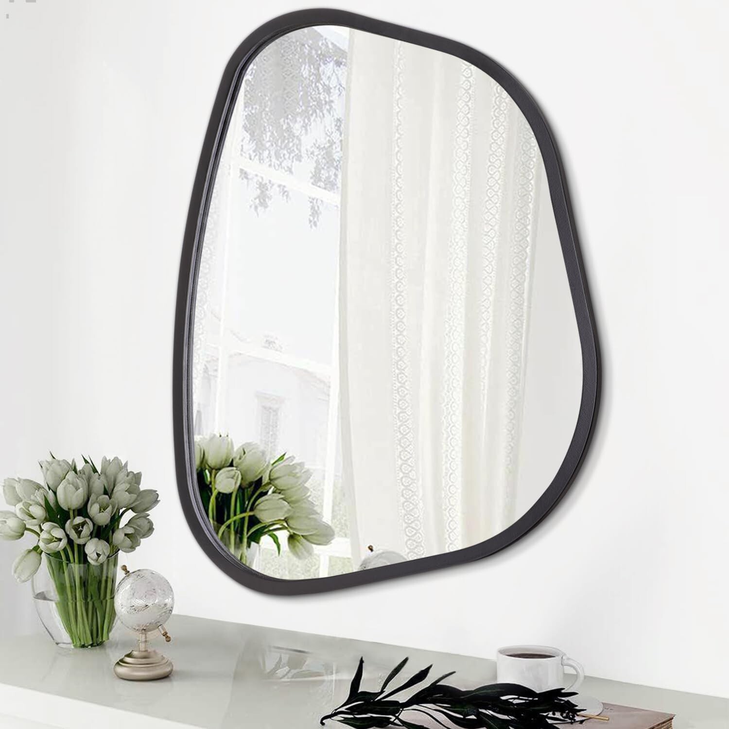 Black Asymmetrical Mirror Irregular Oval Wall Mirror Modern Wood Frame Unique…