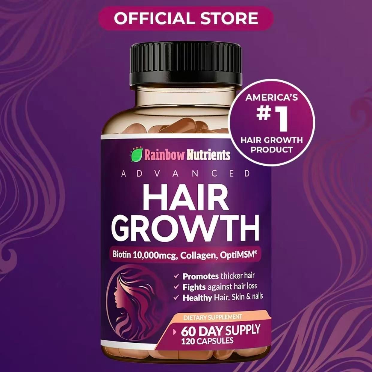 24-in-1 Advanced Hair Growth Vitamins Biotin 10,000mc9,Collagen,Patented OptiMSM