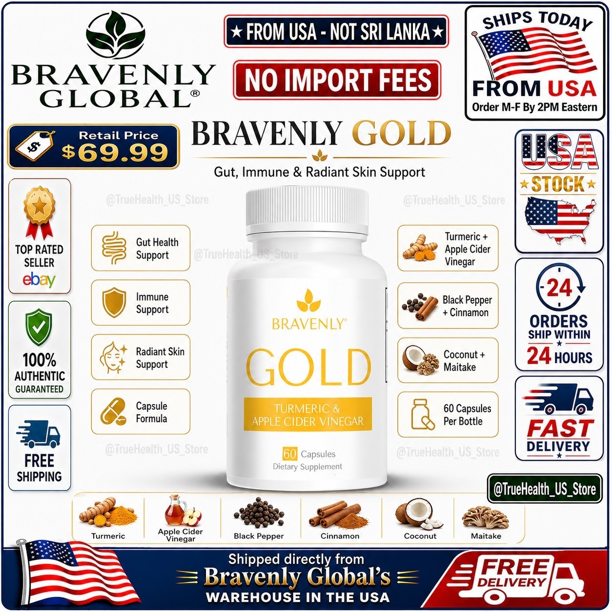 Bravenly Gold 60 Capsules Turmeric Apple Cider Vinegar Supplement Factory Sealed