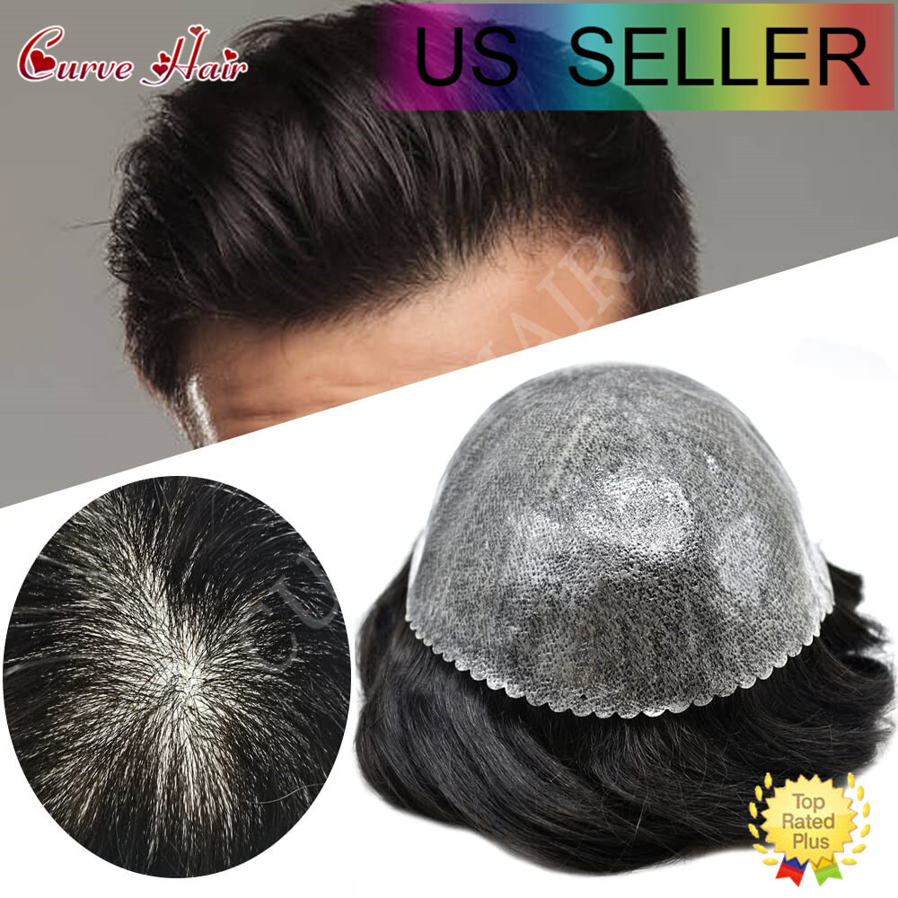 Men Human Hair Piece Replacement Systems Thin Skin Full Poly Toupee Hair Units