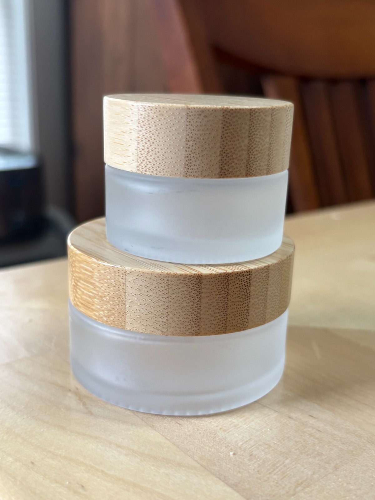 Empty Frosted Glass Cosmetic Jars with Real Bamboo Lid 15 g and 30 g