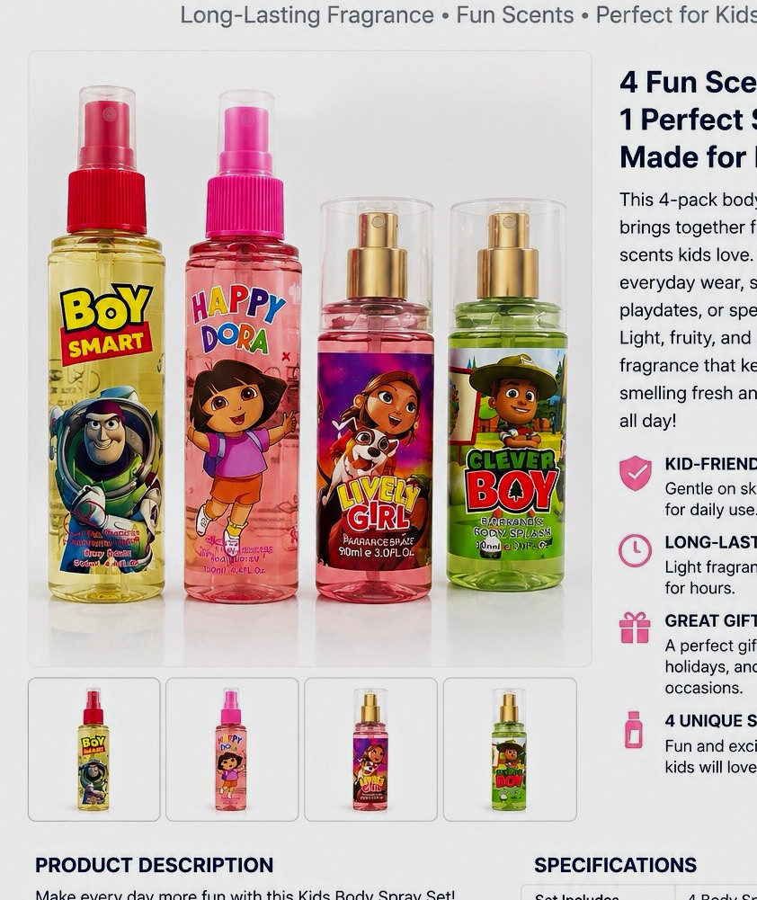 Kids Unisex Body Spray Travel Set 4-Pack, Long-Lasting Spray, Cartoon