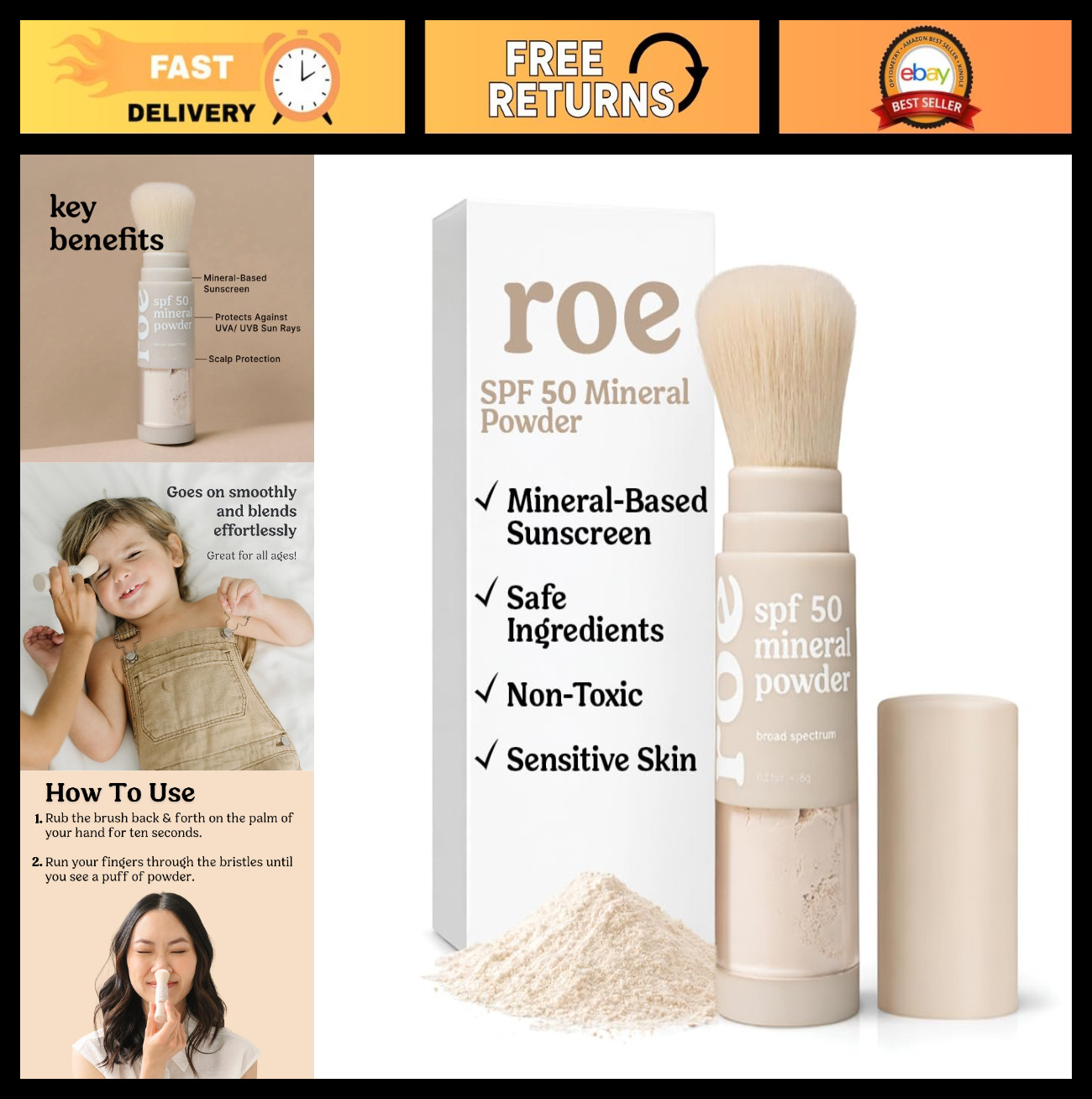 SPF 50 Mineral Powder Sunscreen Brush-On for Kids, Adults & Babies – Reef Safe,