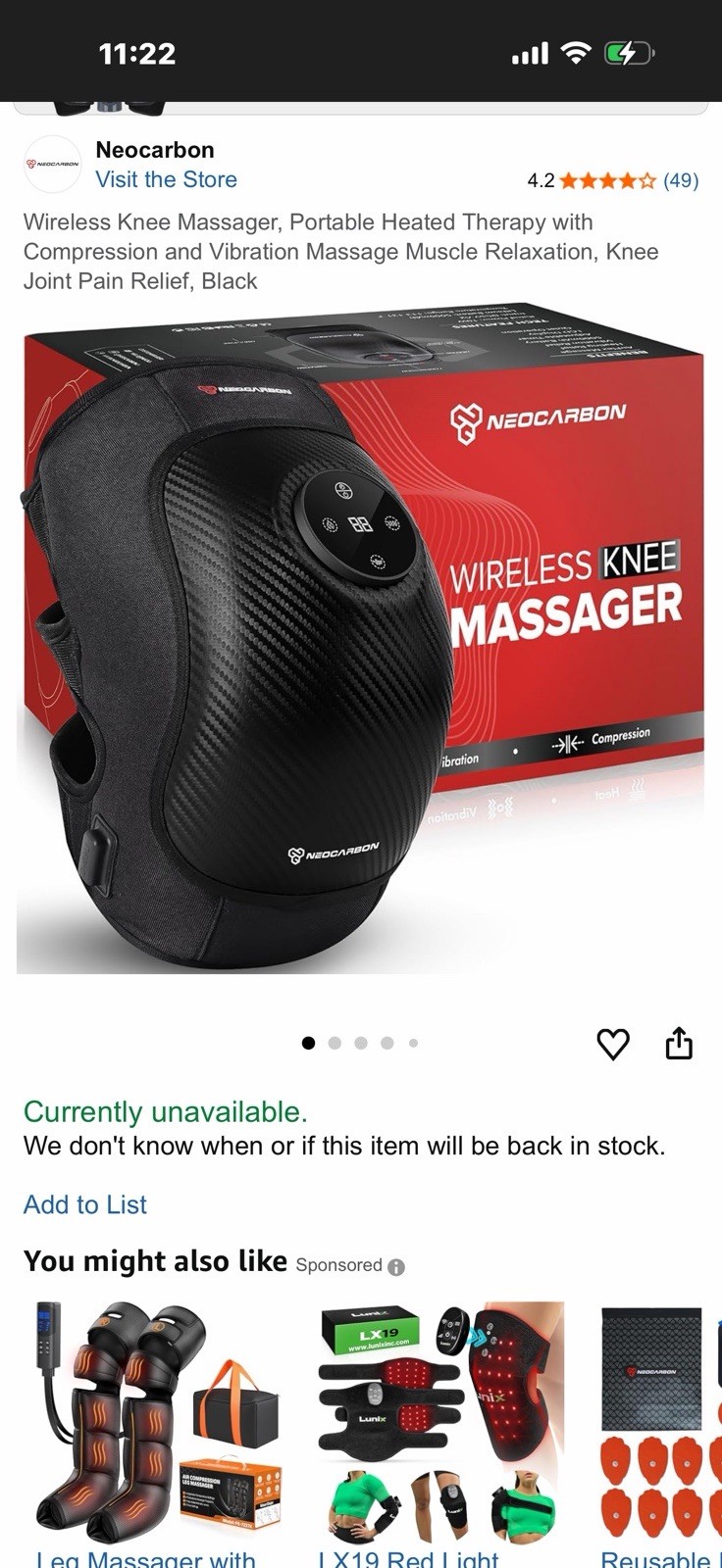 Neocarbon Heat/Vibration/Compression Wireless Knee Massager With LCD Display NEW