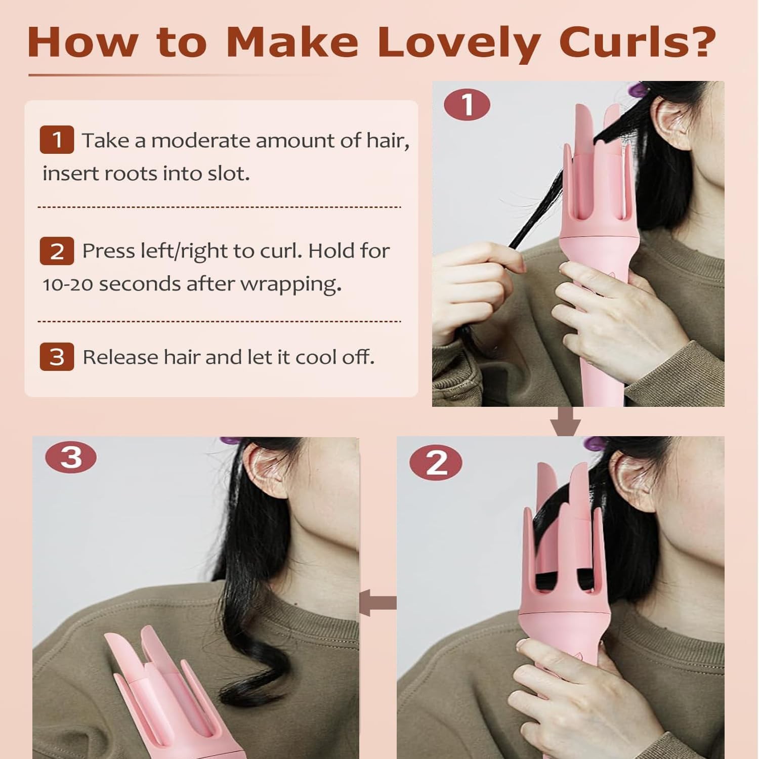 Rotating Curling Iron Automatic with 4 Temperature 3 Timer for Hair Pink Curling