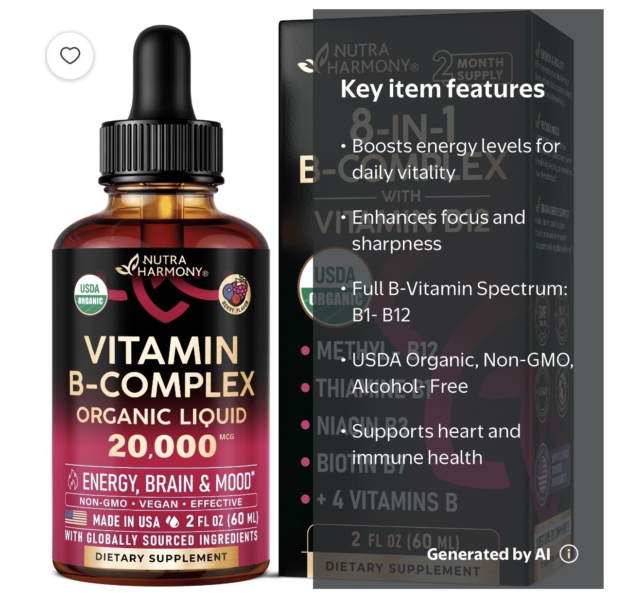 Nutra Harmony Vitamin B Complex Liquid 20000mcg B12 Energy Brain Mood Vegan New!