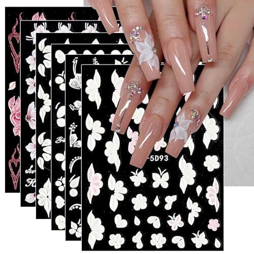 6 Sheets 3D Embossed Flower Butterfly Nail Art Stickers Decals Self-Adhesive