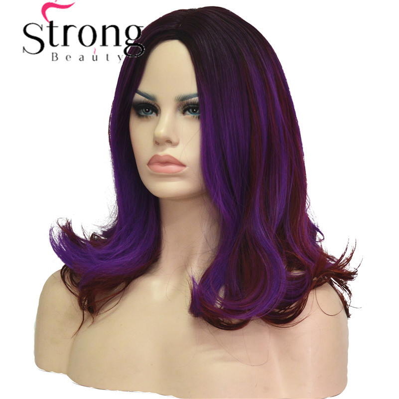 Medium Wavy Dark Purple Highlights Center Part No Bangs Synthetic Party Wig