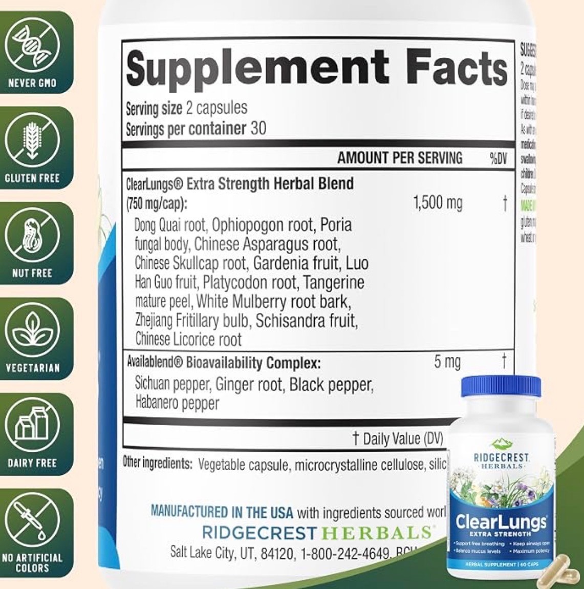Ridgecrest Herbals Clear Lungs Extra Strength Herbal Supplement 60 caps exp 2029