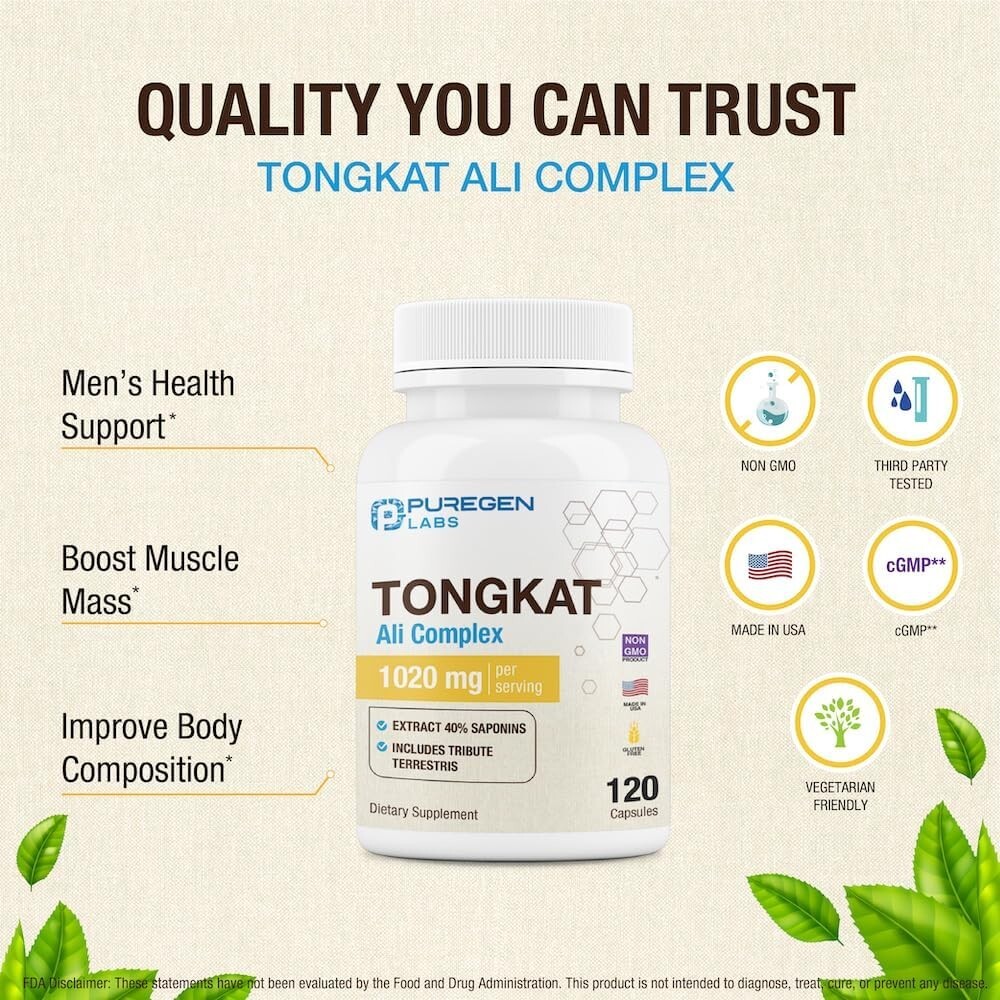 Puregen Labs TONG-KAT Ali Complex 1020mg, 120 Capsules 200:1 Extract